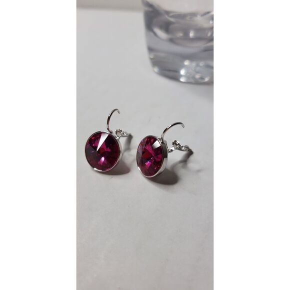 New! Swarovski Elements Earrings Round Fuchsia Crystal Leverback Dangle Drop - Picture 3 of 5
